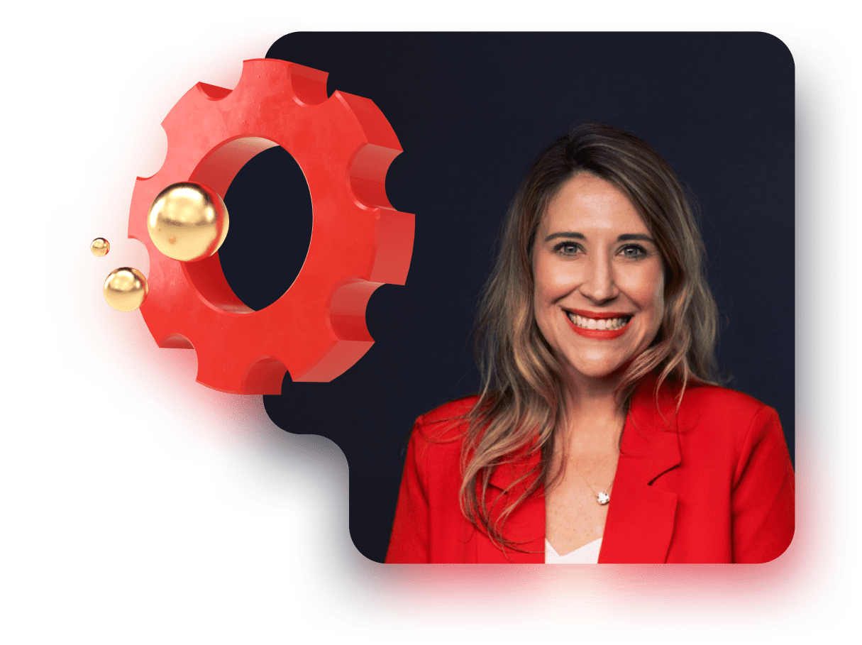 sarah inman wearing red blazer next to 3d gear illustration